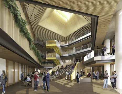 JCU Engineering And Innovation Place Artists Render Of Interior With Open Atrium High Ceiling Plants Overhanging Level Two And Yellow Staircase