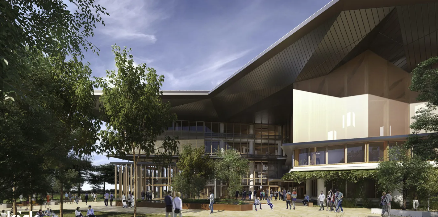 JCU Engineering And Innovation Place Artists Render Of Right Side View Students Walking Trees Pathway And Angular Roofline (1)