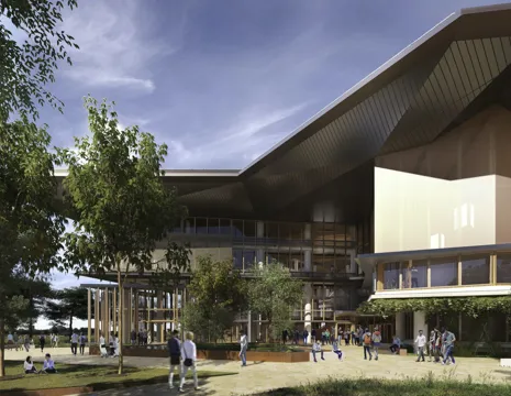 JCU Engineering And Innovation Place Artists Render Of Right Side View Students Walking Trees Pathway And Angular Roofline