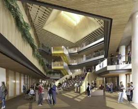 JCU Engineering And Innovation Place Artists Render Of Interior With Open Atrium High Ceiling Plants Overhanging Level Two And Yellow Staircase