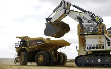Pembroke Olive Downs Steelmaking Coal Project Large Digger Loading Orange Mining Truck Full Of Dirt