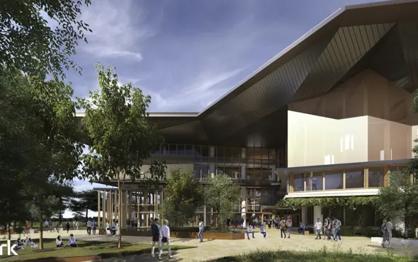 JCU Engineering And Innovation Place Artists Render Of Right Side View Students Walking Trees Pathway And Angular Roofline (1)