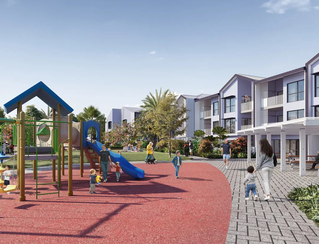 Render of Cairns Seniors Community Housing Project featuring a children's playground with red rubber flooring, tropical plants, and two-story light blue and white accommodation.