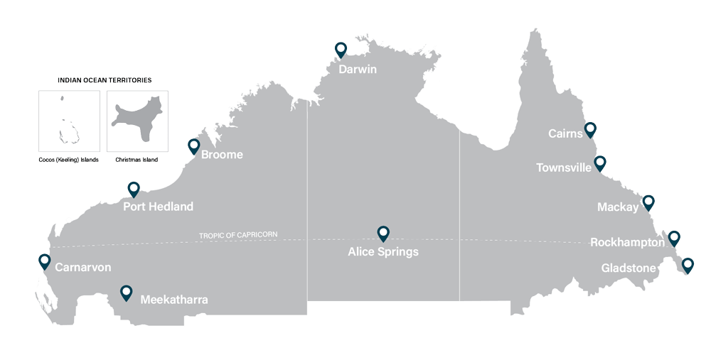 A light grey map of the northern Australian boundary including north western Queensland, the whole of the Northern Territory and northern Western Australia with pins of various towns and cities in our area.