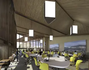 JCU Engineering And Innovation Place Artists Render Of Interior Area With Many Desks Chairs And Large Lights Hanging From Wooden Ceiling