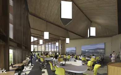 JCU Engineering And Innovation Place Artists Render Of Interior Area With Many Desks Chairs And Large Lights Hanging From Wooden Ceiling